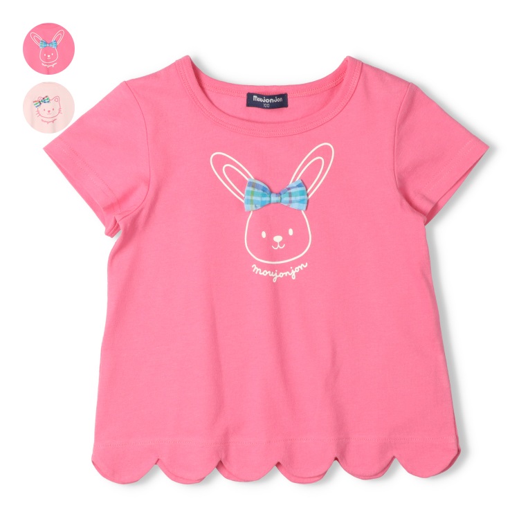 リボン付きうさぎ・ねこプリント半袖Tシャツ