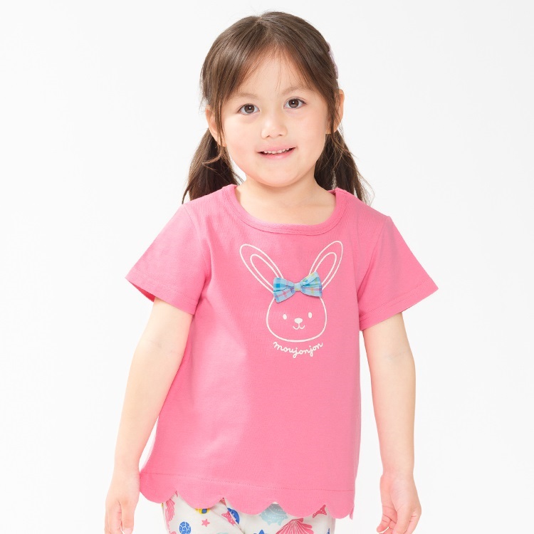 リボン付きうさぎ・ねこプリント半袖Tシャツ(ビビッドピンク-140cm)