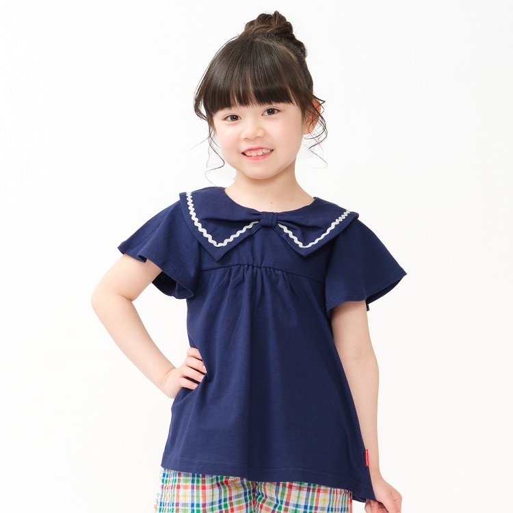 リボン衿付き半袖Tシャツ(ネイビー-120cm)