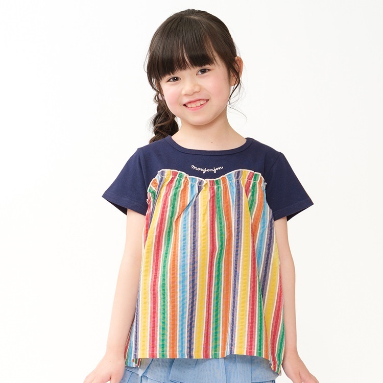 ストライプ切替半袖Tシャツ(ネイビー-90cm)
