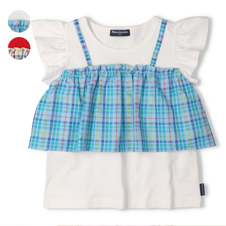 *チェック柄キャミ重ね着風半袖Tシャツ