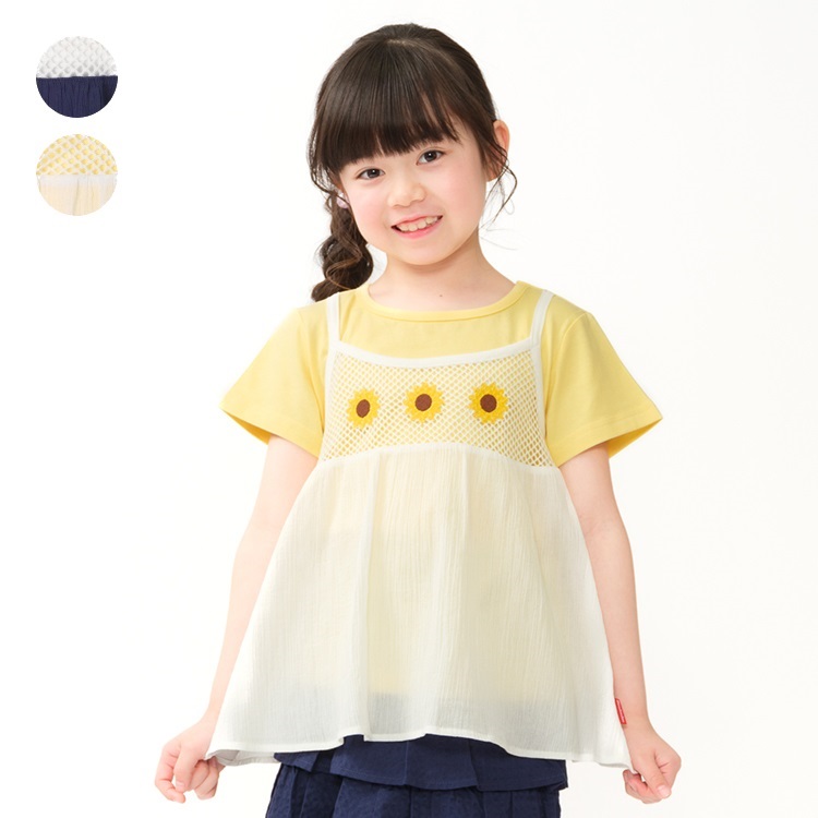 ひまわり刺繍キャミ重ね着風半袖Tシャツ