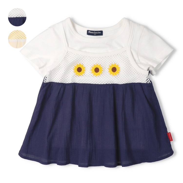 ひまわり刺繍キャミ重ね着風半袖Tシャツ