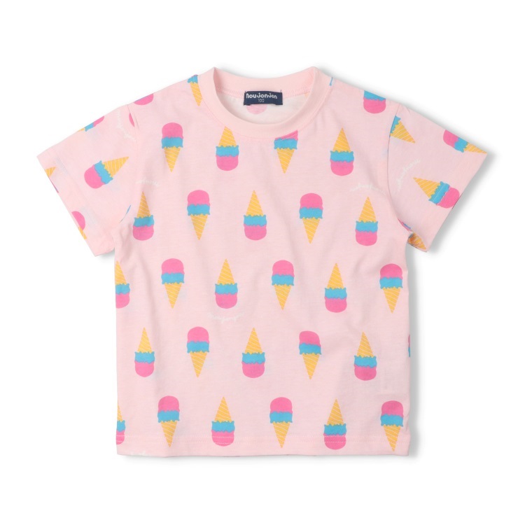 【む～らくぎ】貝殻・アイス総柄半袖Tシャツ(ピンク-120cm)