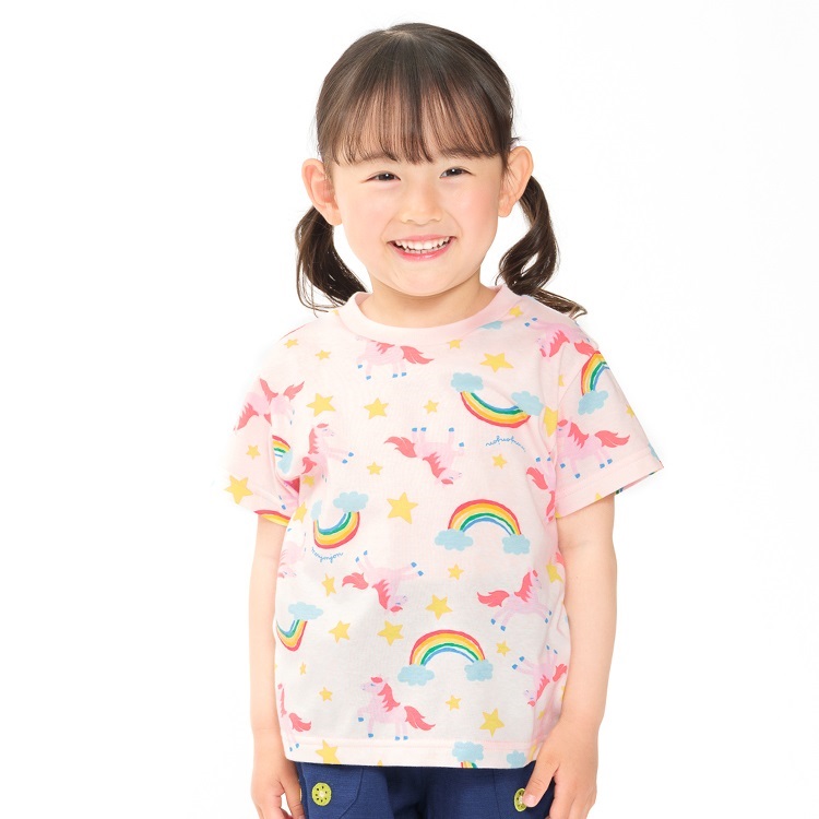 カラフルレインボー総柄半袖Tシャツ(ピンク-80cm)