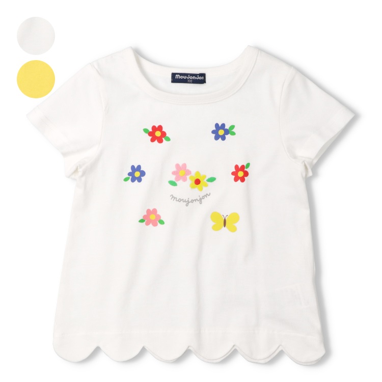 お花プリント刺繍裾スカラップ半袖Tシャツ