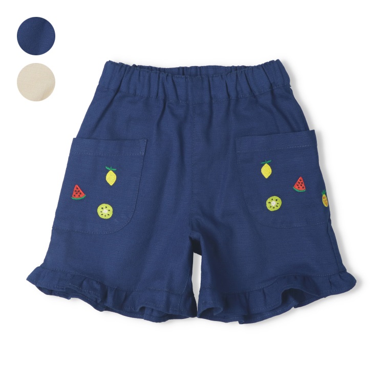 フルーツ刺繍裾フリルショートパンツ