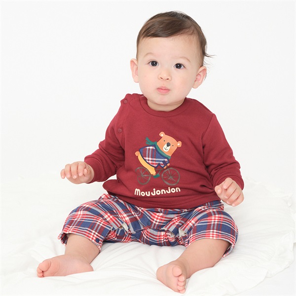 くまプリントチェック切替ロンパース・オール カバーオール｜子供服