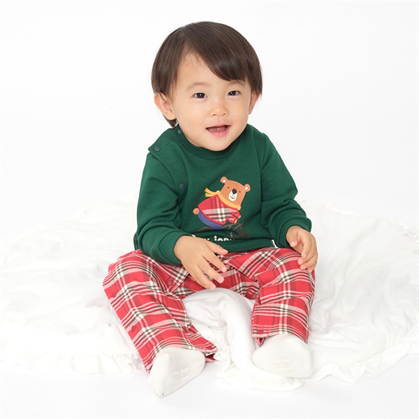 くまプリントチェック切替ロンパース・オール カバーオール｜子供服