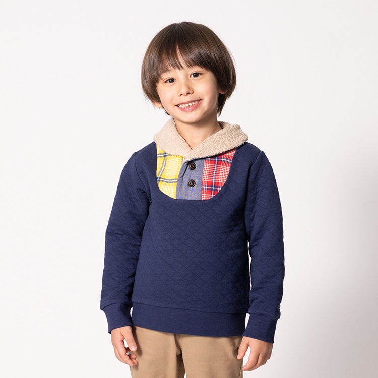 *ボア衿ニットキルトトレーナー(ネイビー-80cm)