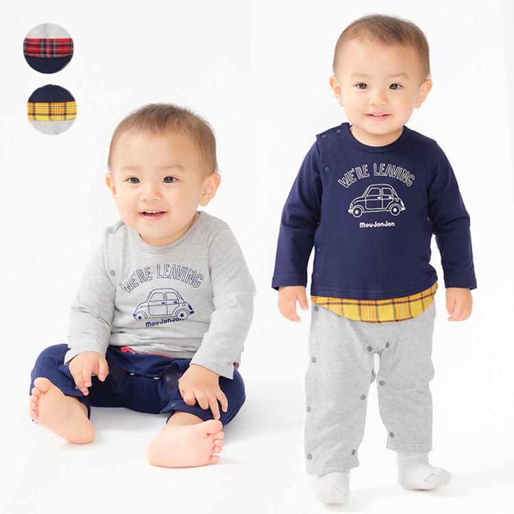 車プリントチェック切替長袖ロンパース