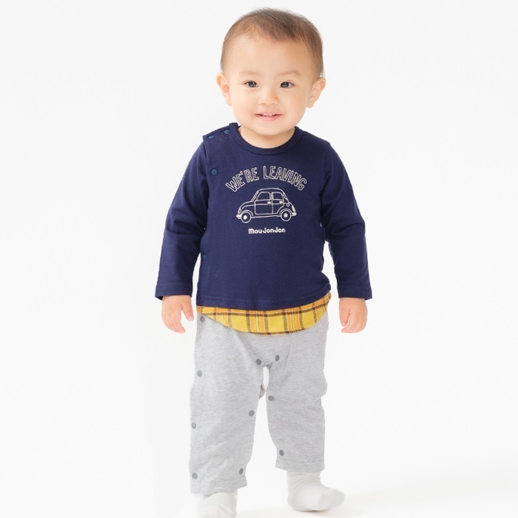 車プリントチェック切替長袖ロンパース(ネイビー-70cm)