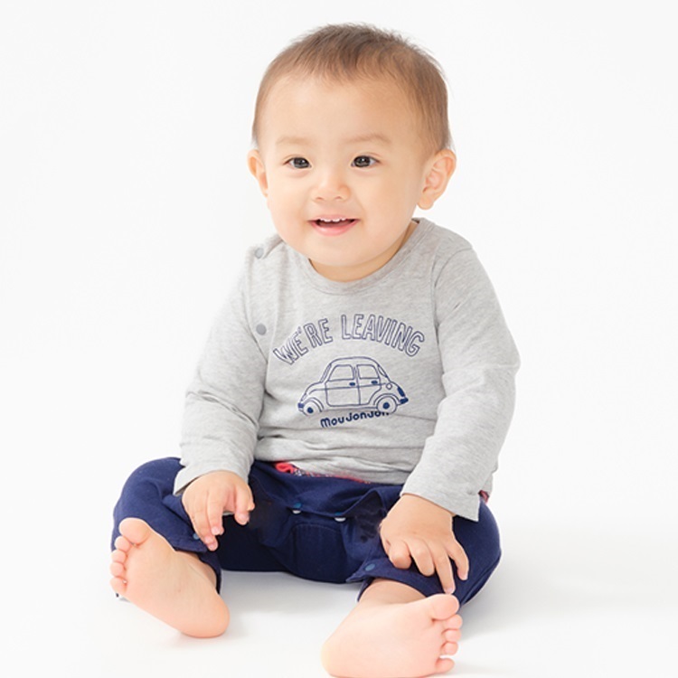 車プリントチェック切替長袖ロンパース(グレー-80cm)