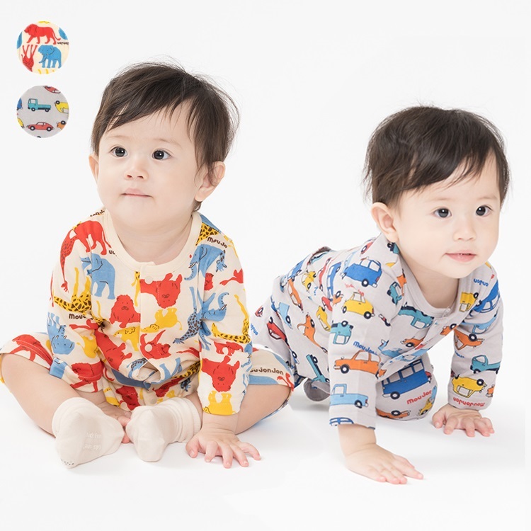 動物・車総柄接結長袖Tシャツロンパース