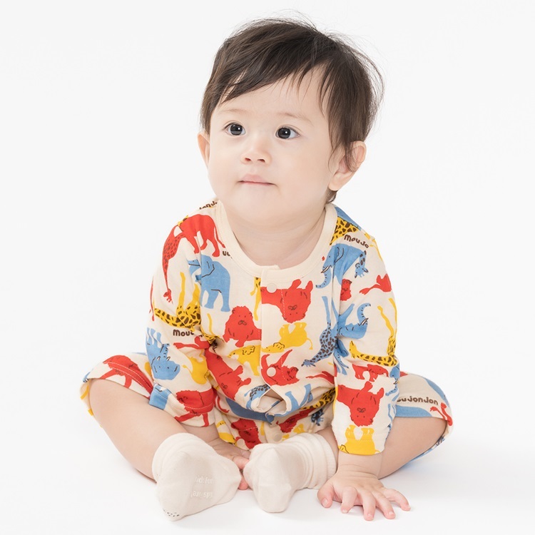 動物・車総柄接結長袖Tシャツロンパース(オフホワイト-70cm)