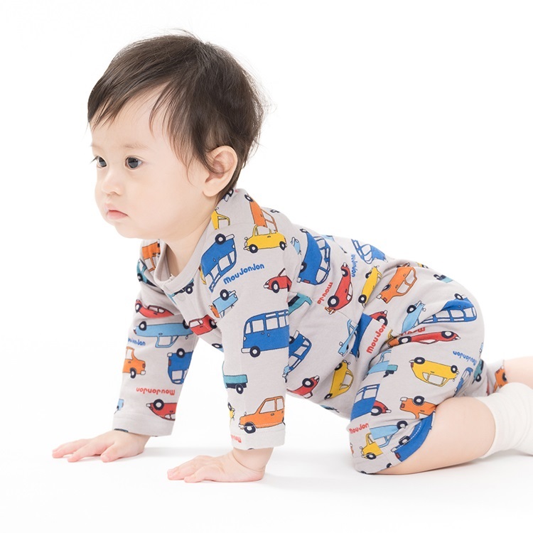 動物・車総柄接結長袖Tシャツロンパース(グレー-80cm)