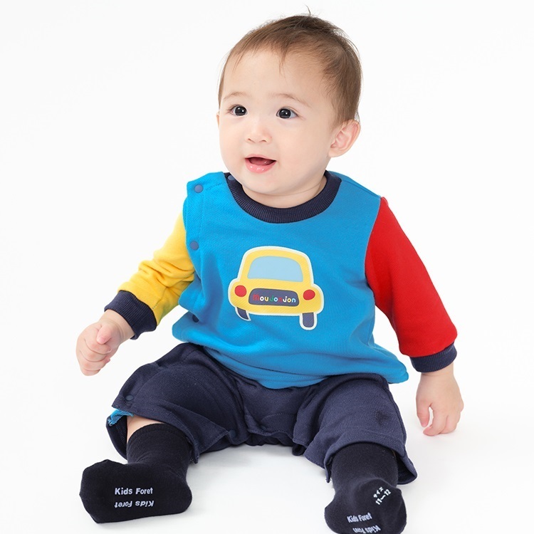 車プリント裏毛ロンパース(ターコイズブルー-80cm)