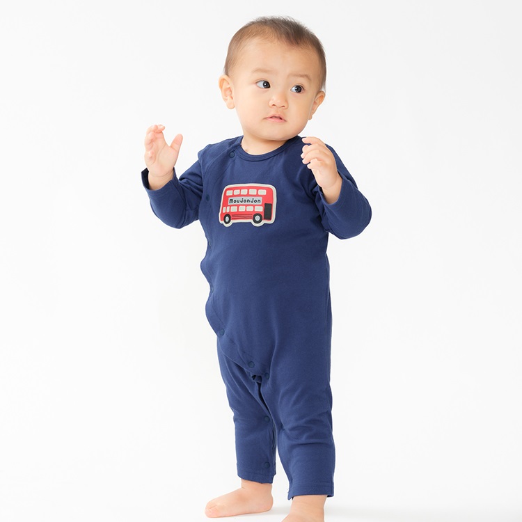 ロゴ・バスワッペン長袖Tシャツロンパース(ネイビー-80cm)