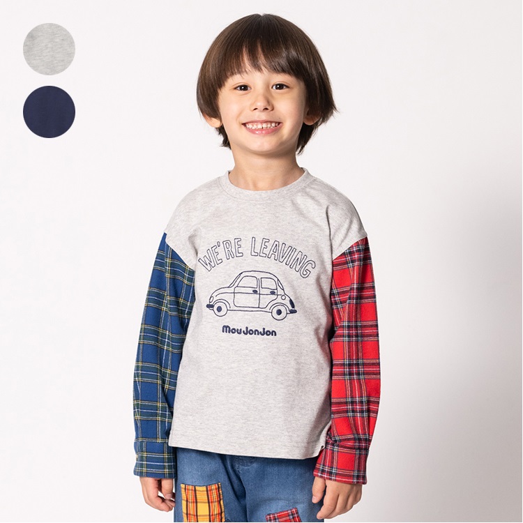 袖チェック切替車刺繍長袖Tシャツ