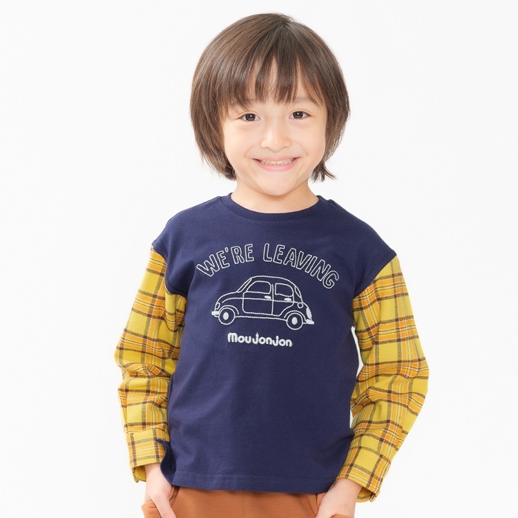 *袖チェック切替車刺繍長袖Tシャツ(ネイビー-130cm)