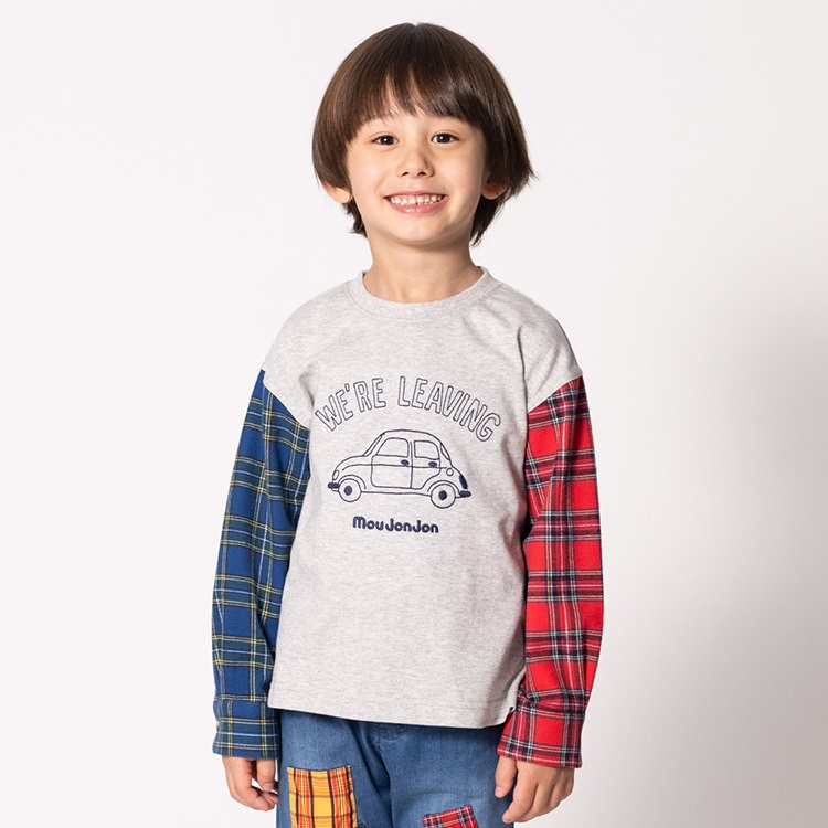 袖チェック切替車刺繍長袖Tシャツ(グレー-80cm)