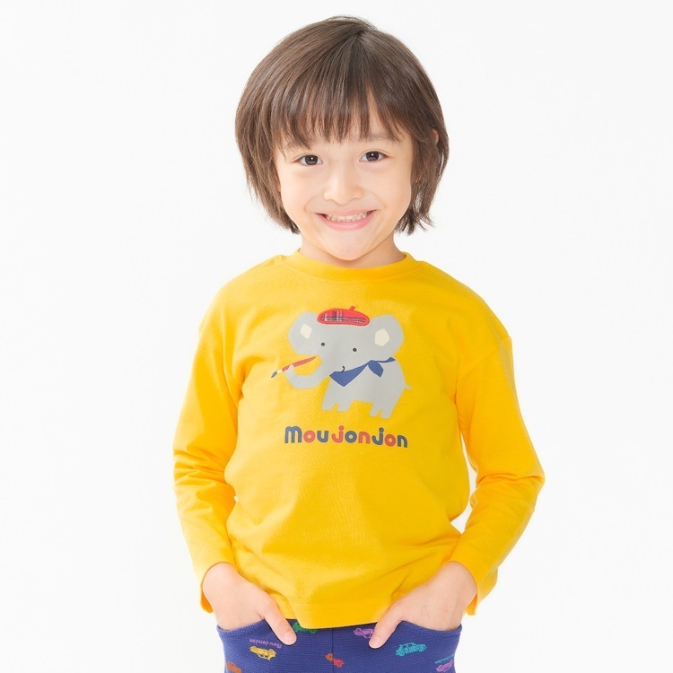 くま・ぞうプリント長袖Tシャツ(イエロー-80cm)