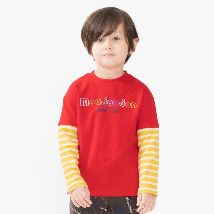 袖ボーダー切替ロゴプリント長袖Tシャツ(レッド-120cm)