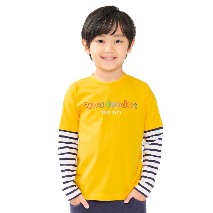 袖ボーダー切替ロゴプリント長袖Tシャツ(イエロー-80cm)
