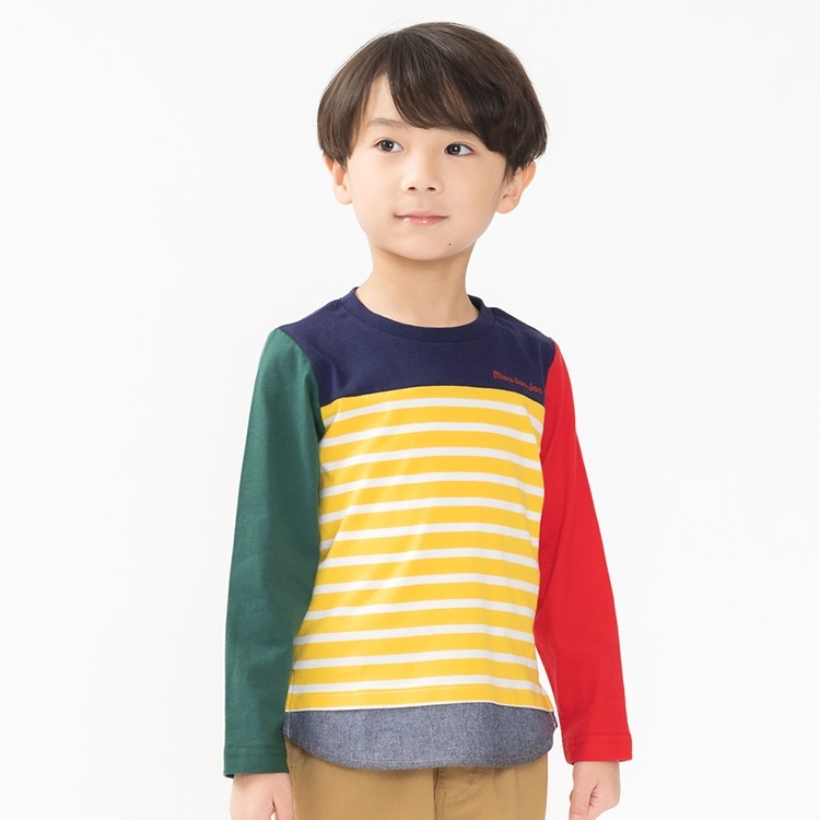 ボーダー切替長袖Tシャツ(ネイビー-80cm)