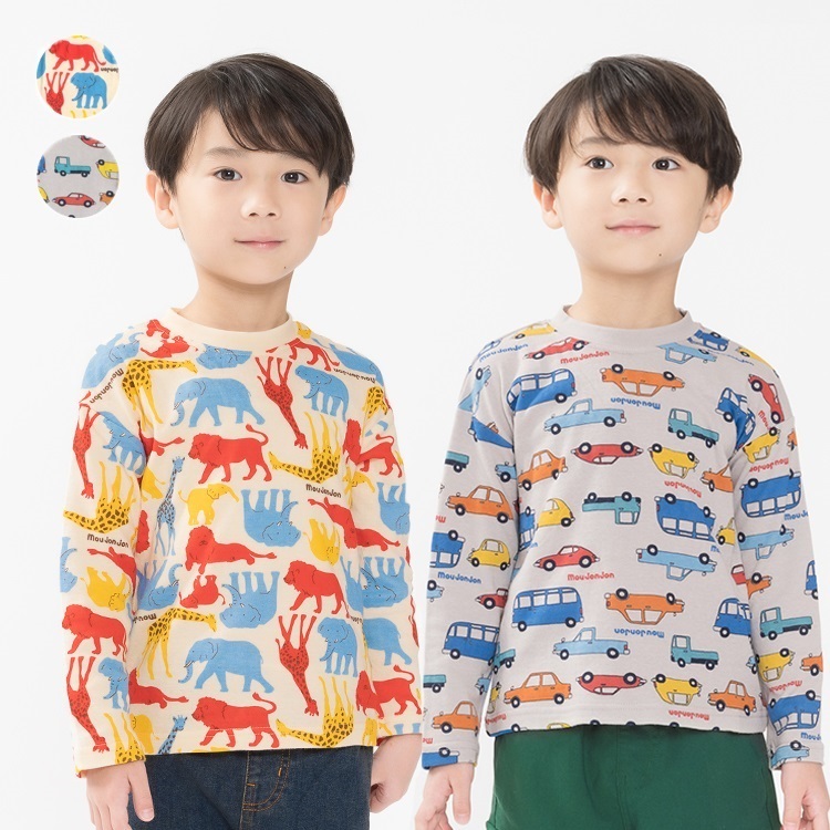 動物・車総柄接結長袖Tシャツ