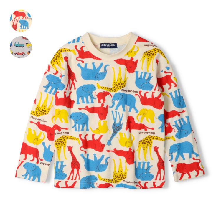 動物・車総柄接結長袖Tシャツ