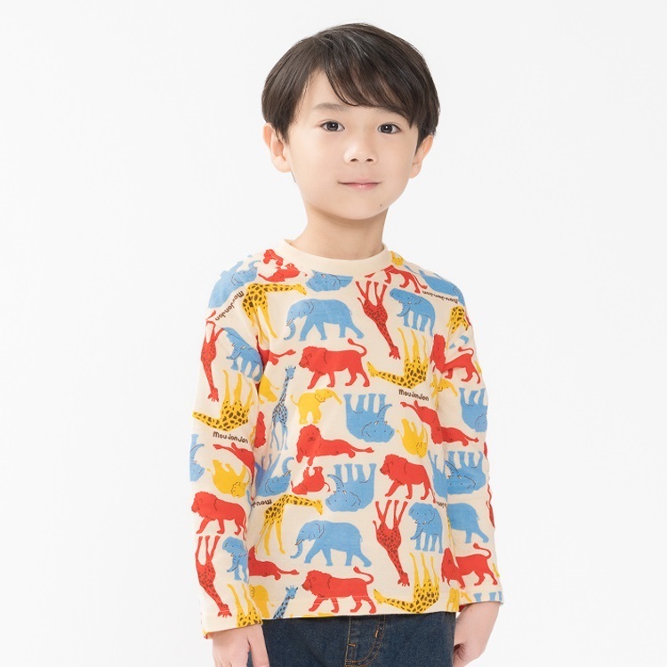 動物・車総柄接結長袖Tシャツ(オフホワイト-80cm)