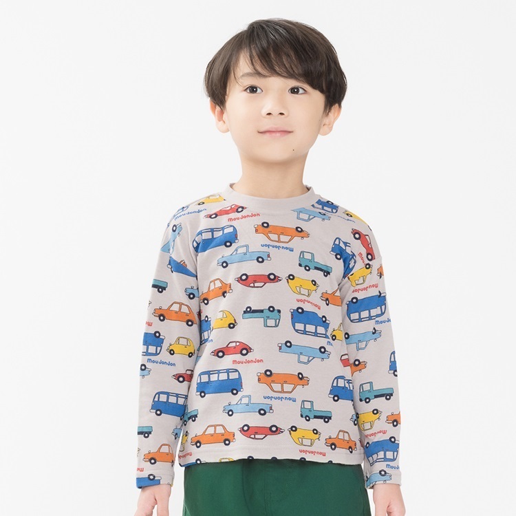 動物・車総柄接結長袖Tシャツ(グレー-80cm)