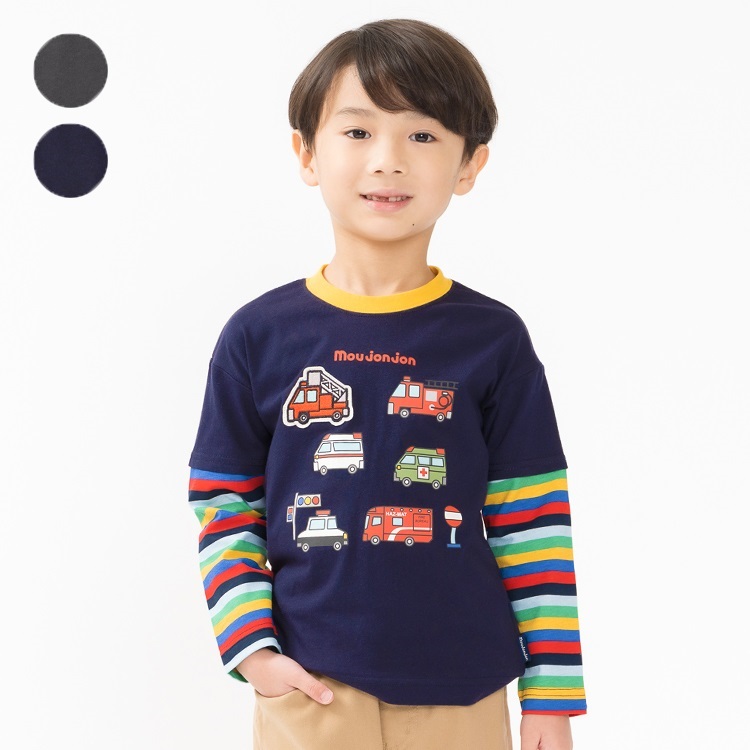 働く車プリントワッペン長袖Tシャツ