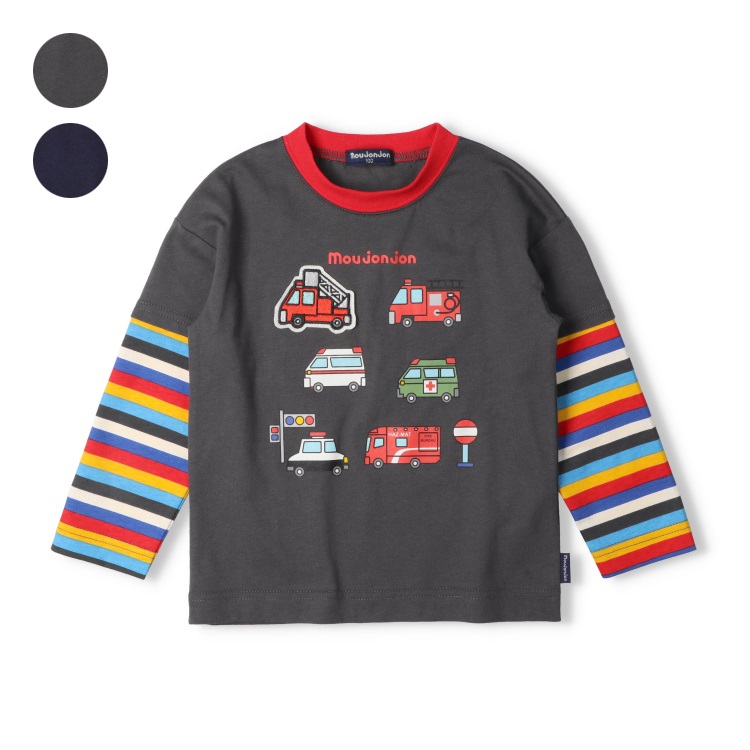 働く車プリントワッペン長袖Tシャツ