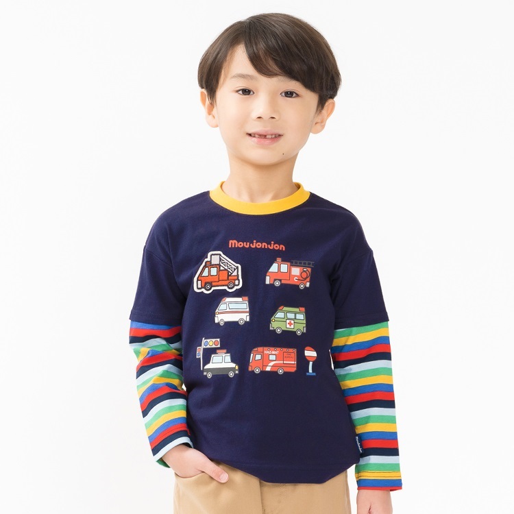 働く車プリントワッペン長袖Tシャツ(ネイビー-130cm)