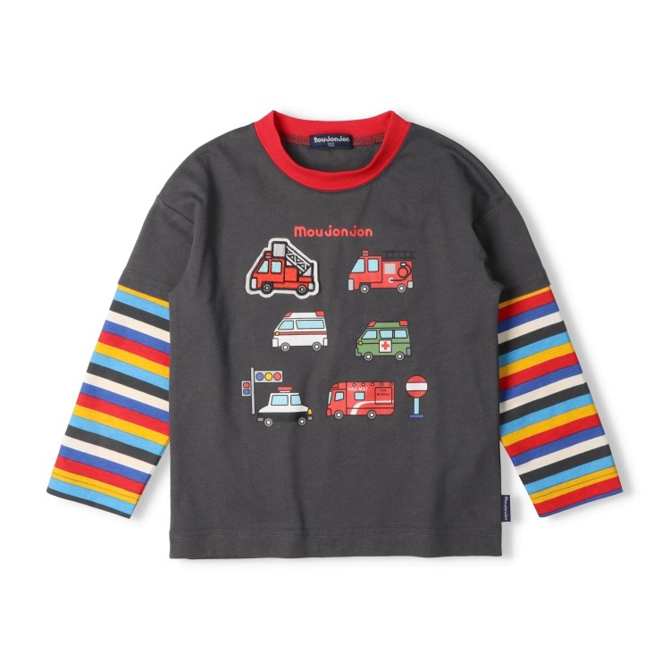 働く車プリントワッペン長袖Tシャツ(ブラック-80cm)