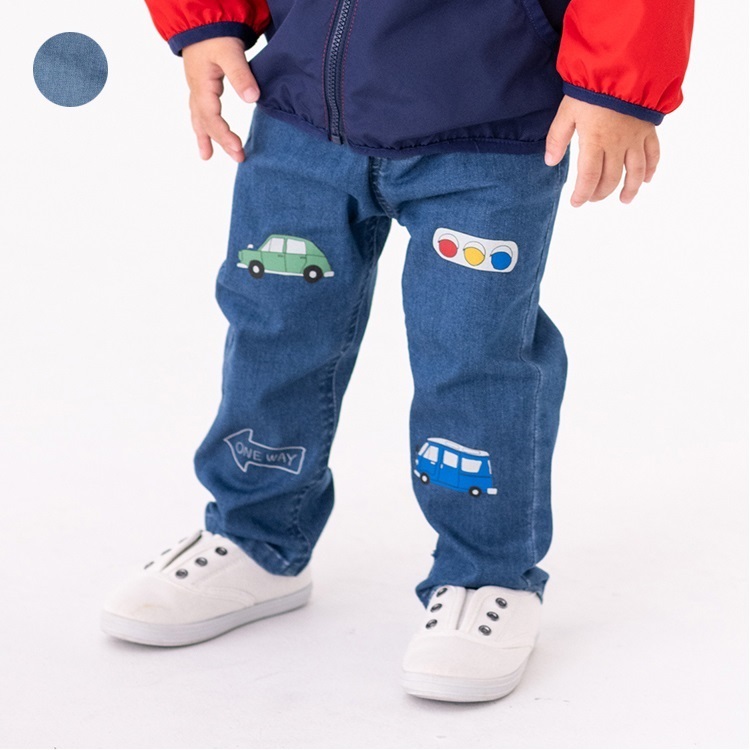 車プリントデニムロングパンツ