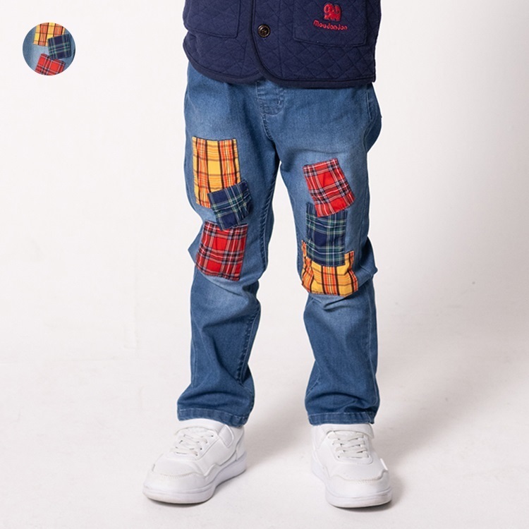 *チェックパッチワークデニムロングパンツ