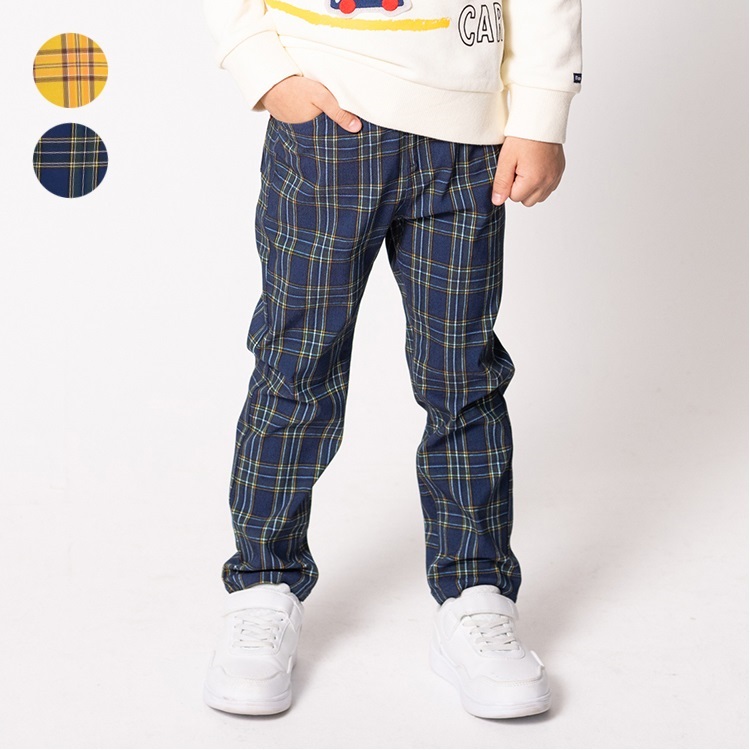 *のびのびツイルチェック柄ロングパンツ