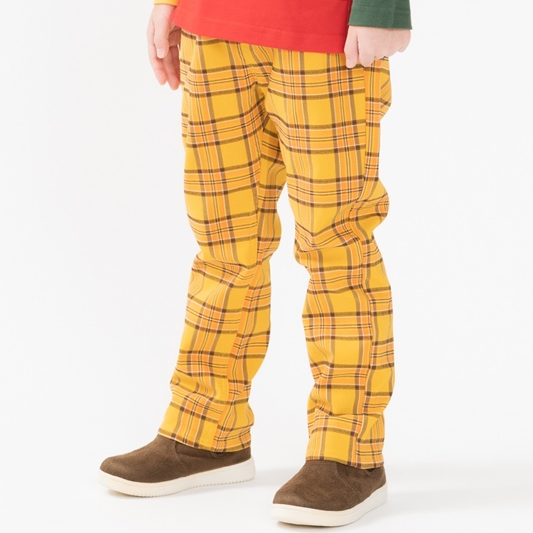 *のびのびツイルチェック柄ロングパンツ(イエロー-100cm)