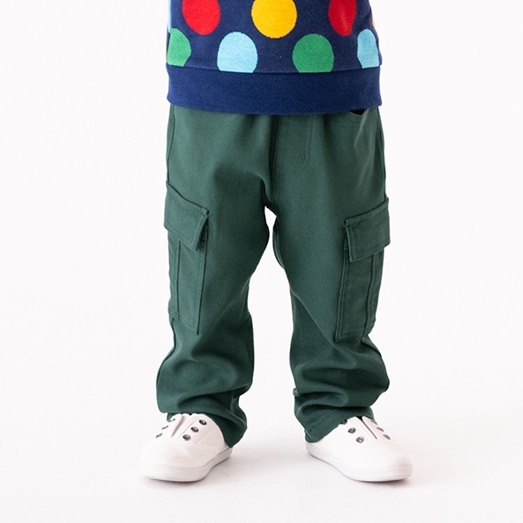 のびのびツイルカーゴロングパンツ(グリーン-90cm)