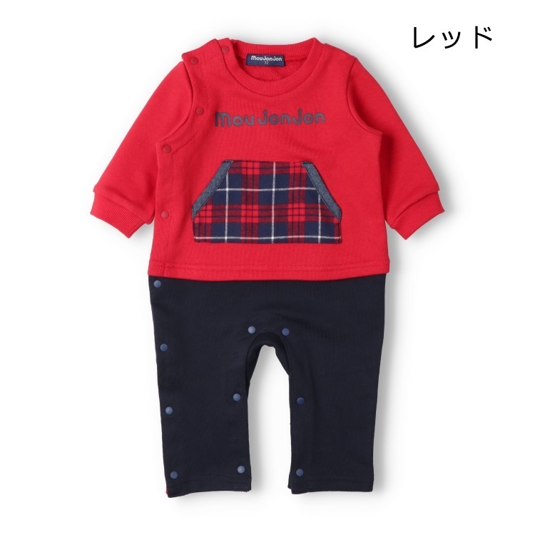 チェック柄ポケット裏毛ロンパース(レッド-70cm)
