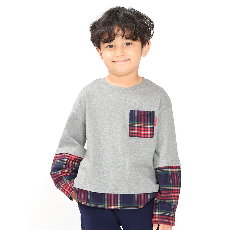 チェック切替長袖Tシャツ(グレー-110cm)