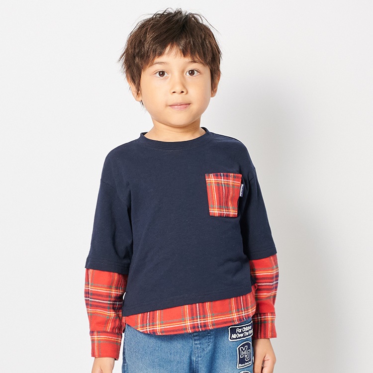 チェック切替長袖Tシャツ(ネイビー-120cm)