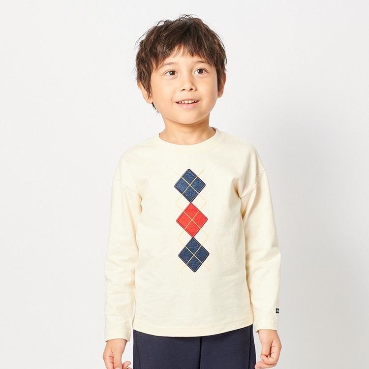 *アーガイル・車ワッペン長袖Tシャツ(オフホワイト-80cm)