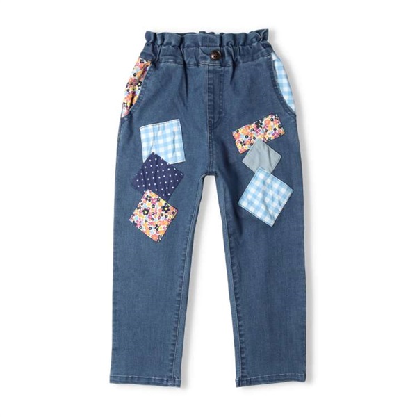 パッチワーク風ウエストフリルストレッチデニムパンツ ロングパンツ