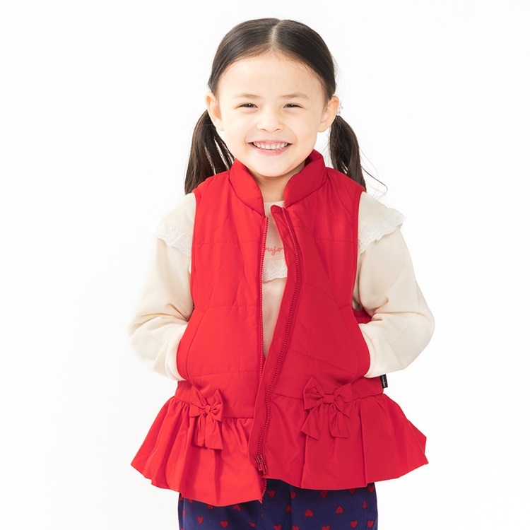 リボン付き裾フリル中綿ベスト(レッド-90cm)