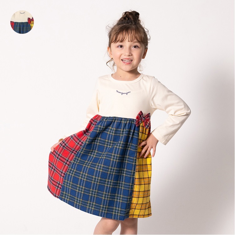 チェック切替長袖ワンピース