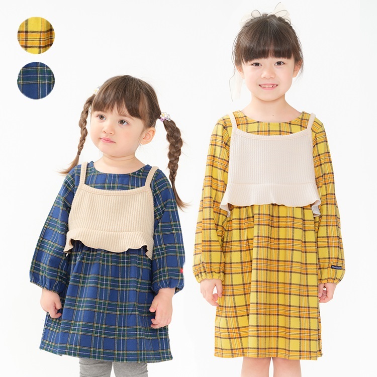 *ビスチェ付ネルチェック柄長袖ワンピース